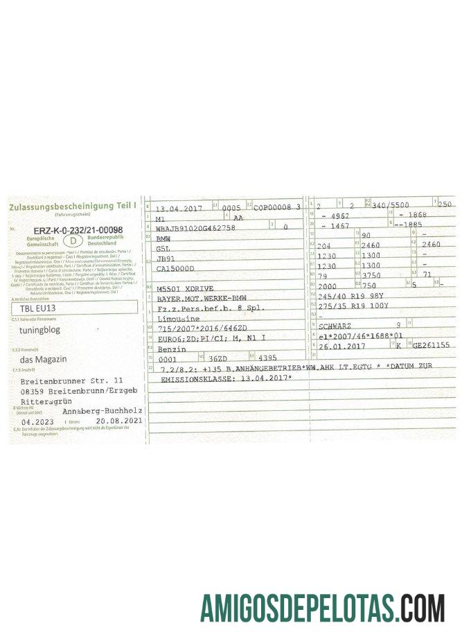 Exemplo de certificado de registro de veículo na Alemanha versão 2